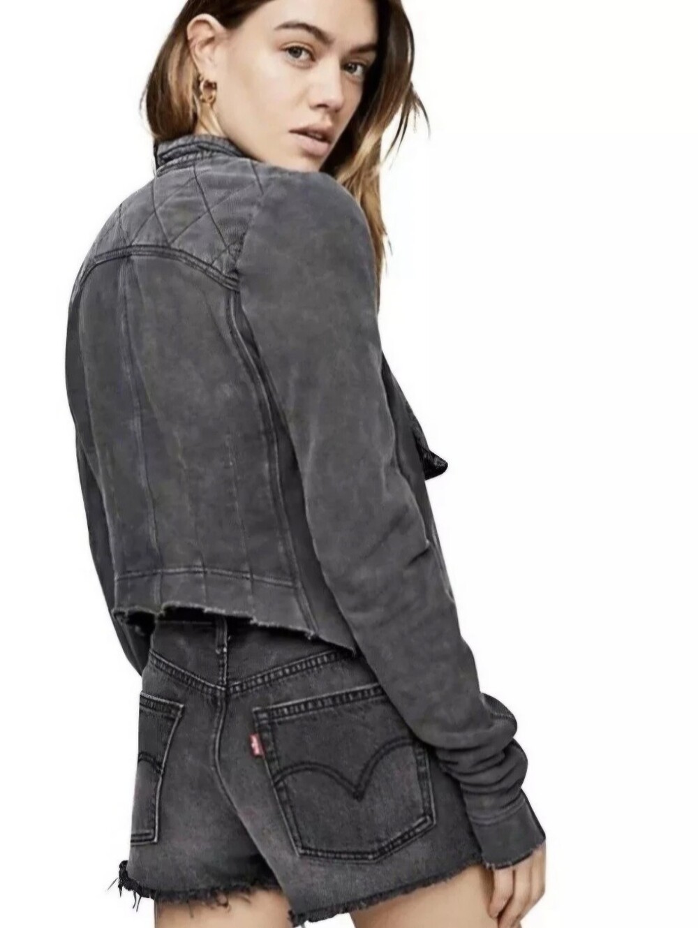 Free People Distressed Charcoal Gray Wash Cotton Shrunken Moto Jacket Size S - Picture 3 of 8